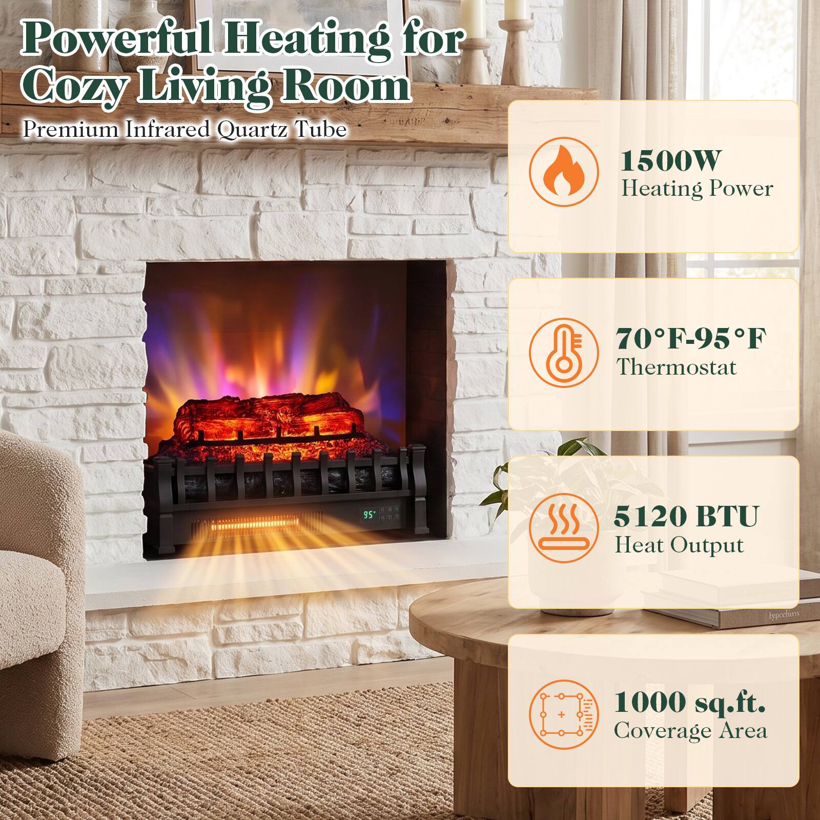 Powerful Heating for Cozy Living Room  
Premium Infrared Quartz Tube

1500W Heating Power  
70°F-95°F Thermostat  
5120 BTU Heat Output  
1000 sq.ft. Coverage Area