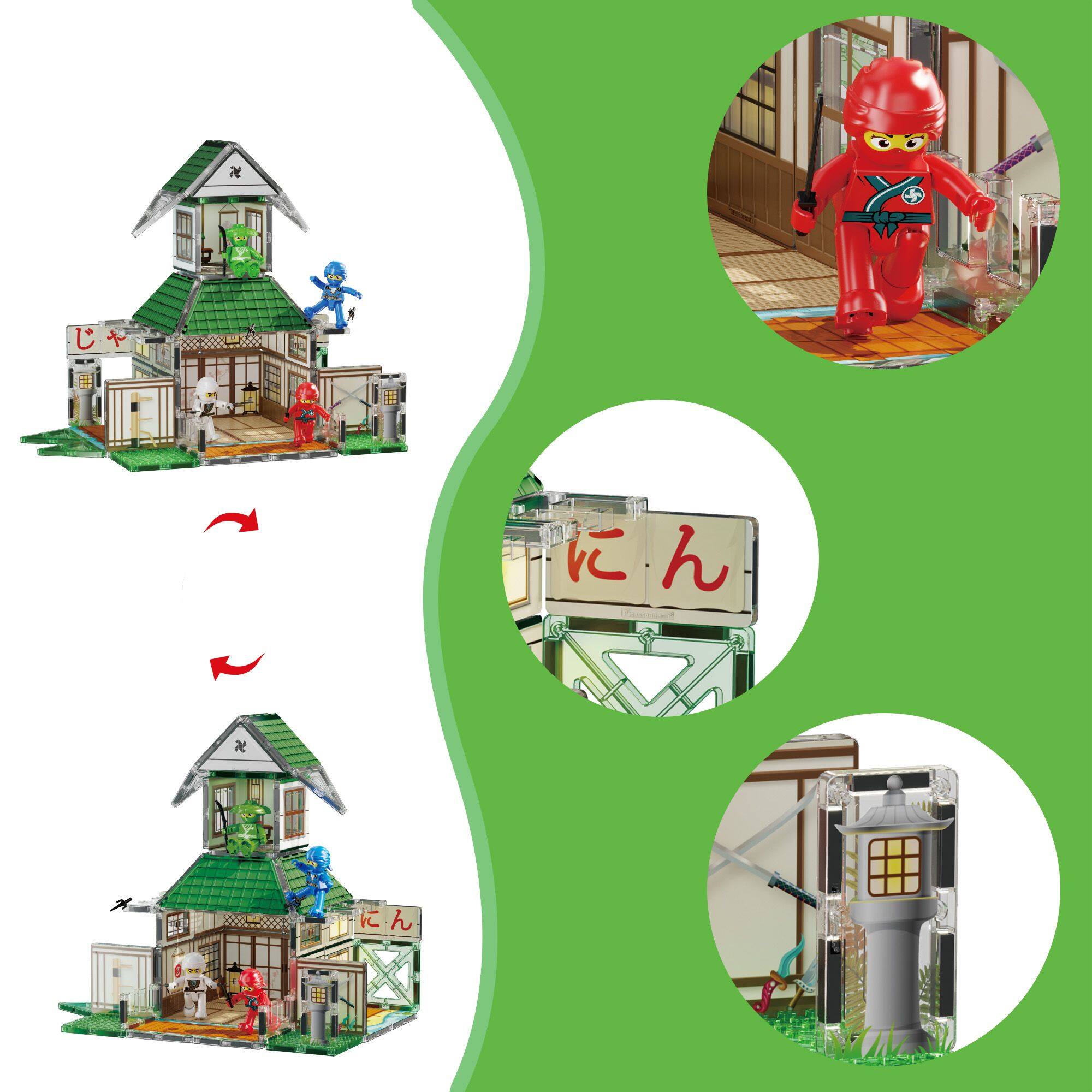 Alt View 6. PicassoTiles - PICASSO-TILES Magnetic Tiles for Kids, Ninja Dojo House Theme with Ninjas Weapon Accessories, STEM Building Blocks Toy - Multicolor.