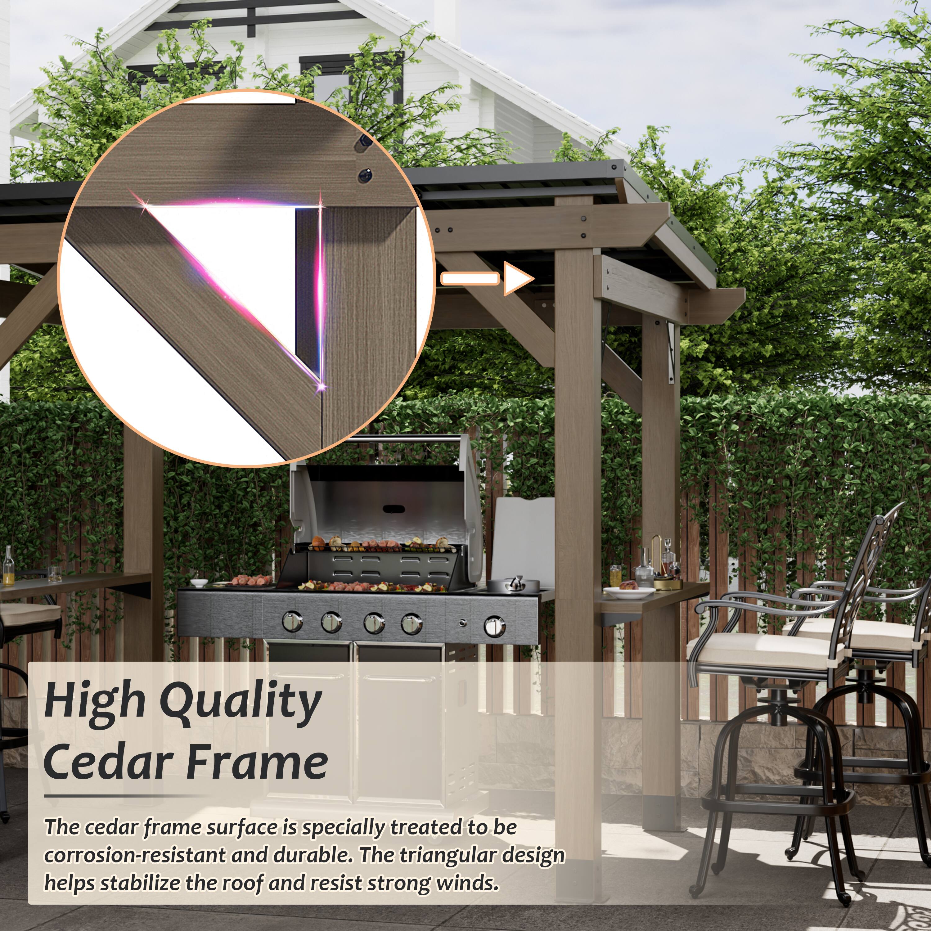 High Quality Cedar Frame

The cedar frame surface is specially treated to be corrosion-resistant and durable. The triangular design helps stabilize the roof and resist strong winds.