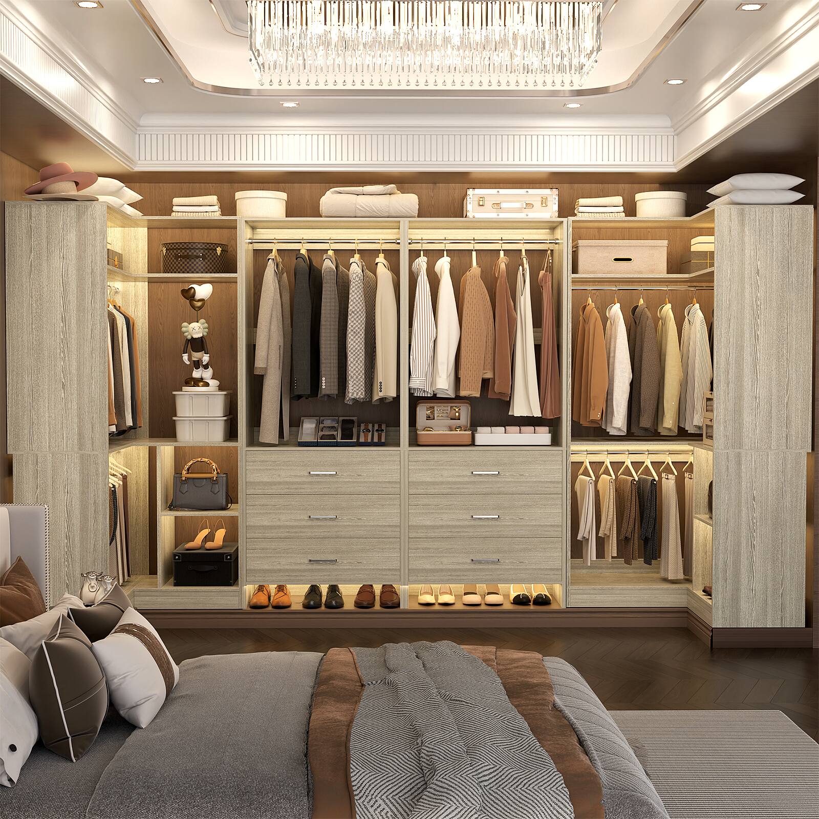 Alt View 2. Aheaplus - U-Shaped Closet Organizer System with 6 Drawers, 112.5" Walk-in Wardrobe System with Hanging Rods & Shelves, Set of 4 - Beige Oak.