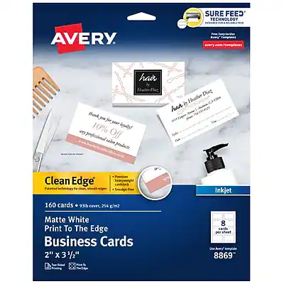 AVERY
Clean Edge
Premium Smudge Inkjet
160 cards
93 cover, 254 g/m2
Matte White
Print To The Edge
Business Cards
2" x 3 1/2"
8 cards per sheet
M 8869
SURE FEED TECHNOLOGY
Free avery.com/templates
hair
by Daet
therk
jes
for your 10% off
professional salon products
Avery by Heather Dicke
123 Main St
Anytown, USA 12345
612-555-1234
heatherdicke@email.com
thank you for your loyalty
10% off
professional salon products
Inkjet