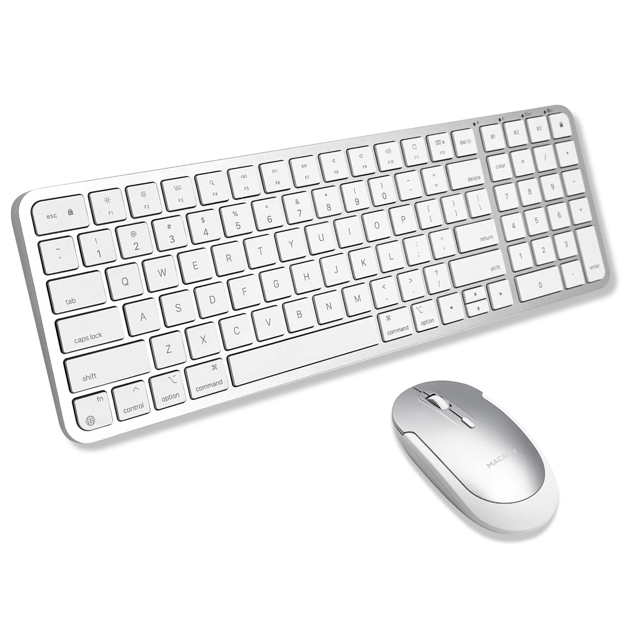 Macally - Bluetooth Mac Keyboard and Mouse - Compact (2 Zone) Wireless Apple Keyboard and Mouse Combo with Number Pad - Mu - Silver