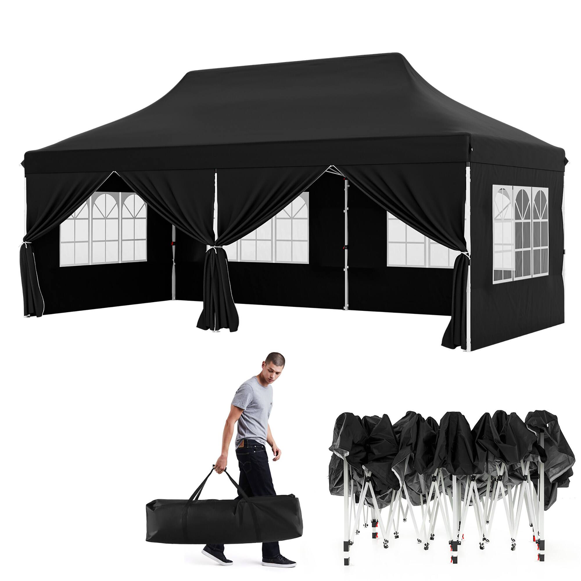 Alt View 9. Gymax - Gymax 10 x 20 FT Canopy w/ 6 Detachable Sidewalls Carrying Bag UPF50+ Sun Protection Black - Black.