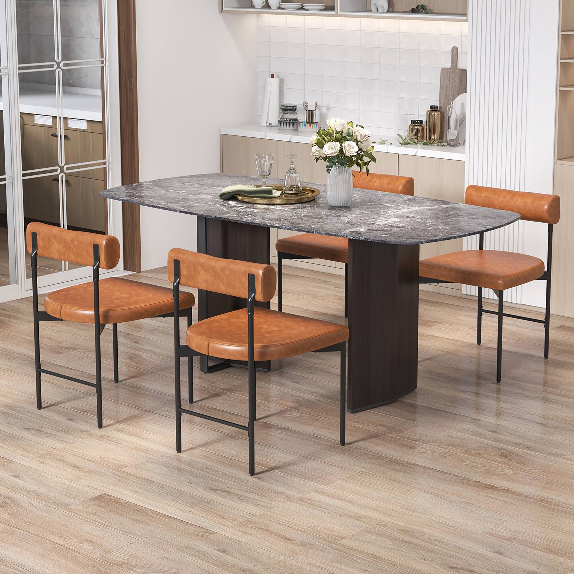 Alt View 3. Gymax - Gymax Dining Chair Set of 4 Faux Leather Upholstered Kitchen Side Chair w/ Curved Brown - Brown.