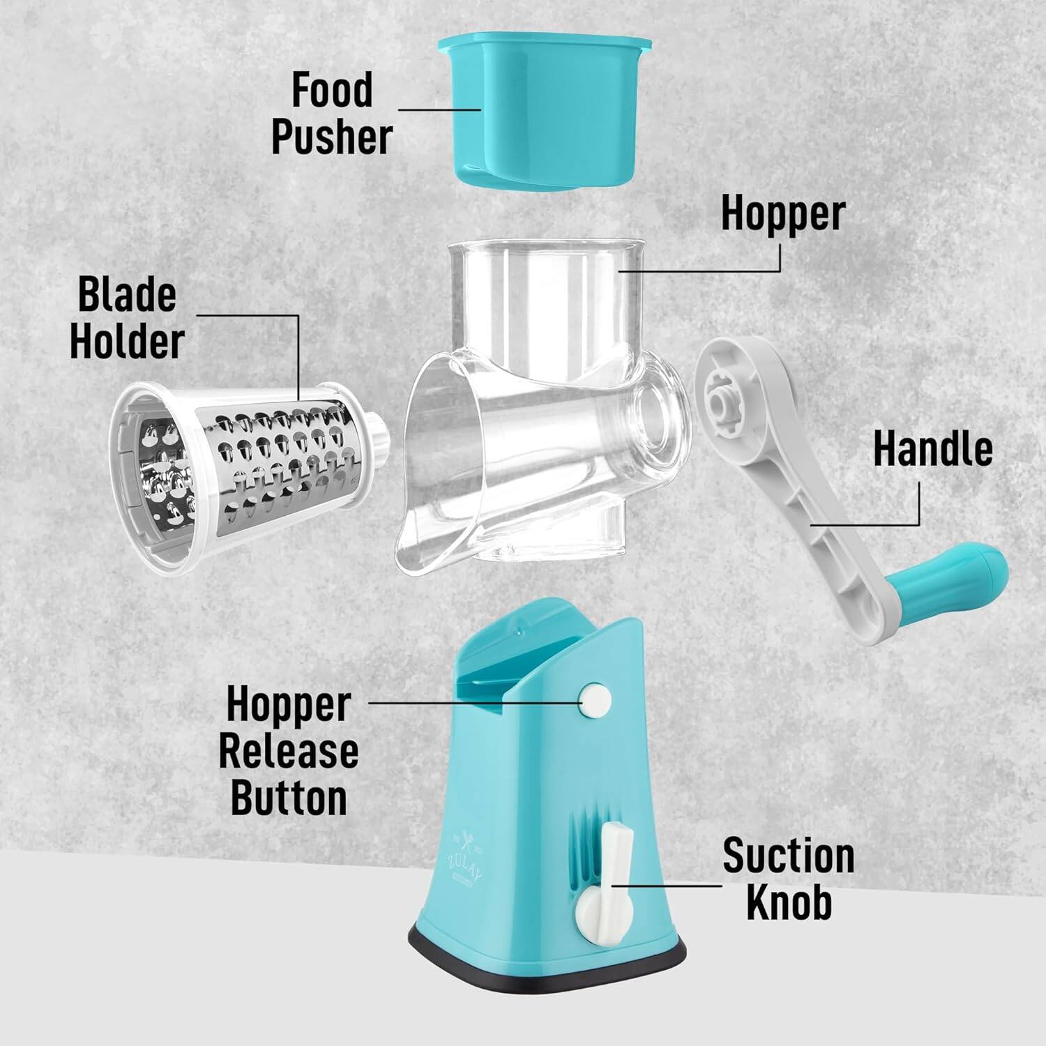 - Food Pusher
- Hopper
- Blade Holder
- Handle
- Hopper Release Button
- Suction Knob