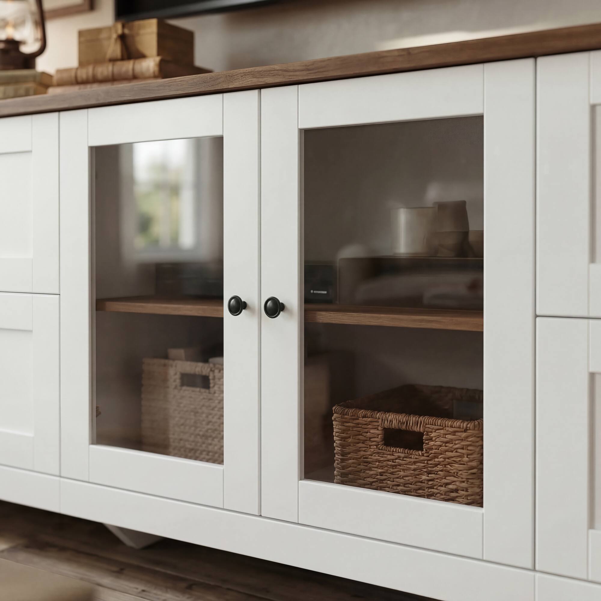 Alt View 2. Famapy - 90.6" Farmhouse TV Stand for 85 Inch TV, Glass Doors, Adjustable Shelves, 10-Compartment Storage - White & Wooden.