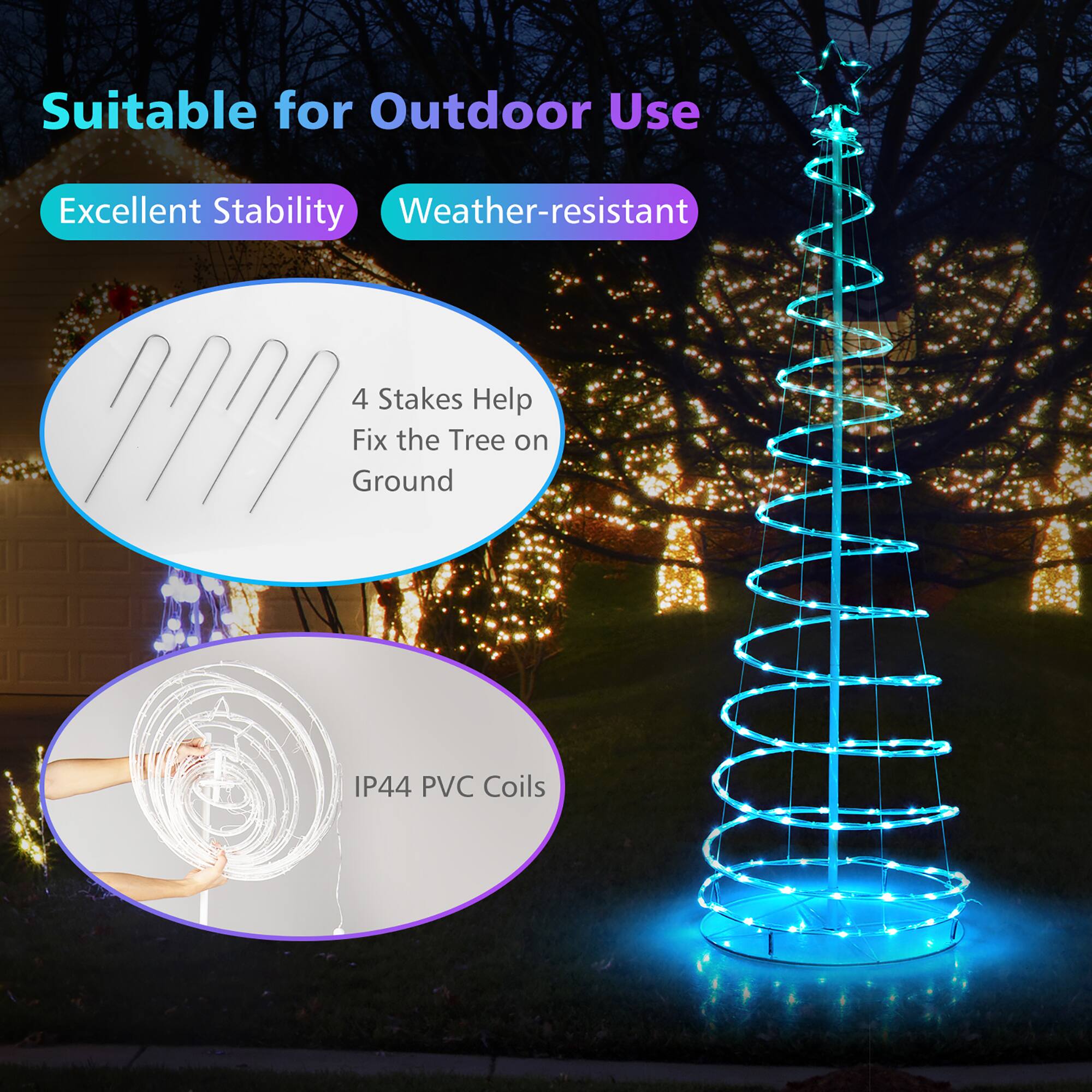 Suitable for Outdoor Use: The image shows a blue Christmas tree that is suitable for outdoor use.
Excellent Stability: The blue Christmas tree is designed to provide excellent stability, ensuring that it remains upright and secure during outdoor use.
Weather-resistant: The tree is made of weather-resistant materials, making it suitable for use in various weather conditions.
4 Stakes: The tree comes with four stakes that help fix the tree on the ground, providing additional stability and support.
IP44 PVC Coils: The tree is made of IP44 PVC coils, which are designed to withstand outdoor elements and provide durability.