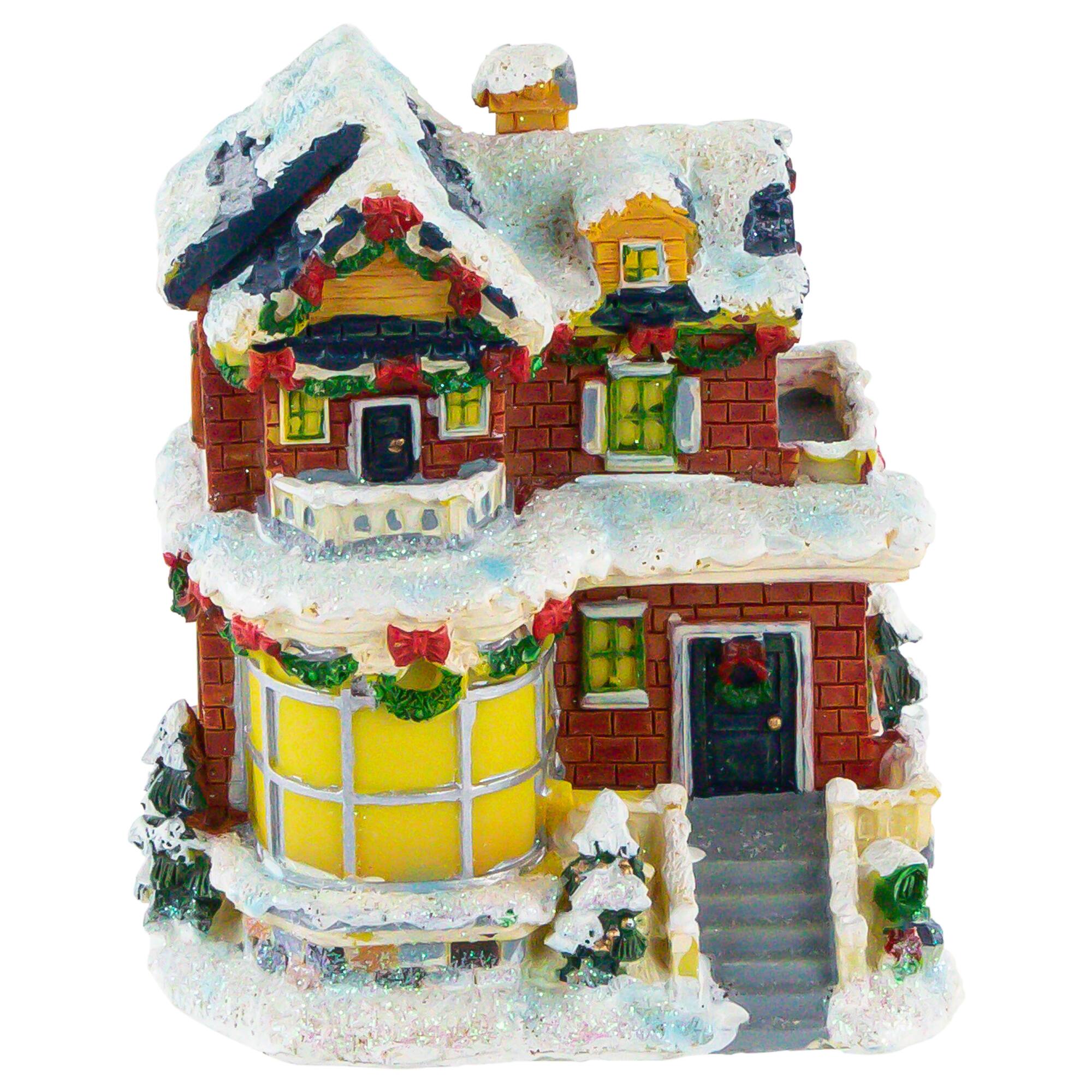 Front. Northlight - Two Story Snowy House with Garland and Wreaths Christmas Village Decoration - 4" - Red.