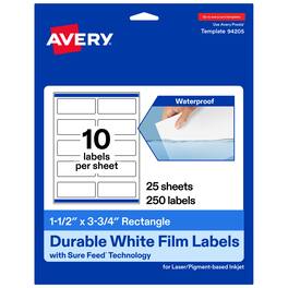 Avery - 1-1/2" x 3-3/4" Waterproof Rectangle Labels, 250 Labels - White