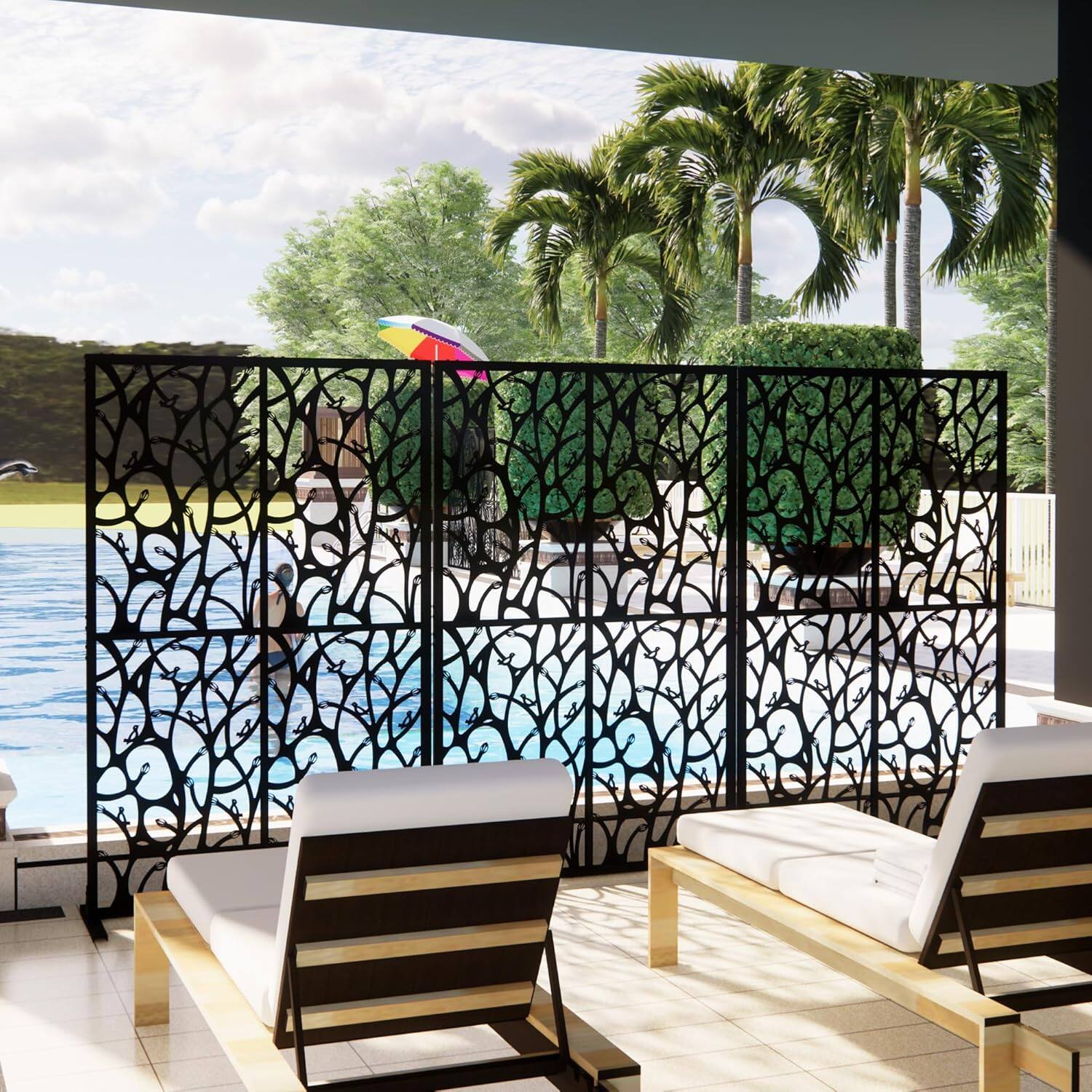 Angle. MOOSOO - Metal Privacy Fence Screen 72x45.3"– Freestanding Decorative Outdoor & Indoor Room Divider Screen with Bird Pattern - Black.