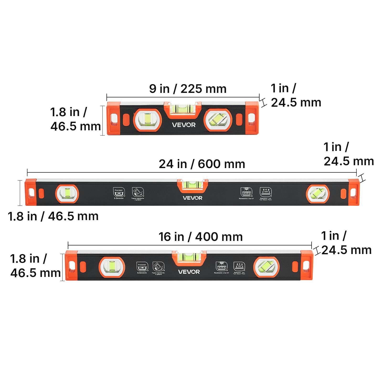 1.8 in / 46.5 mm  
9 in / 225 mm  
1 in / 24.5 mm  

24 in / 600 mm  
1 in / 24.5 mm  

16 in / 400 mm  
1 in / 24.5 mm  

VEVOR