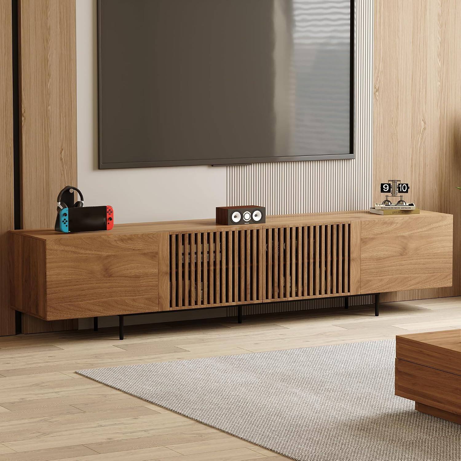 Front. luck idea - 94.48" Mid-Century Modern TV Stand for 80"+ TVs, Walnut Wood Media Console, Entertainment Center with Ample Storage for - BROWN.