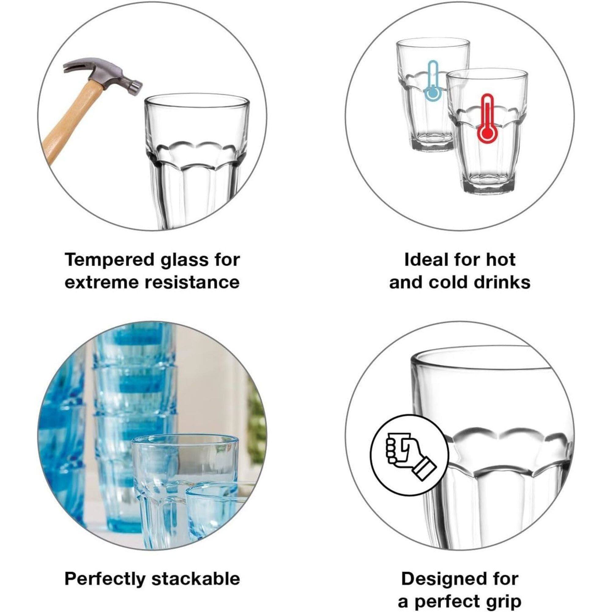 Tempered glass for extreme resistance  
Ideal for hot and cold drinks  
Perfectly stackable  
Designed for a perfect grip