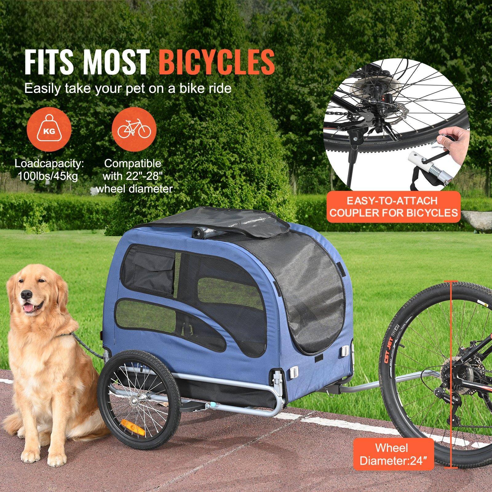 FITS MOST BICYCLES  
Easily take your pet on a bike ride

- Load capacity: 100lbs/45kg
- Compatible with 22"-28" wheel diameter

EASY-TO-ATTACH COUPLER FOR BICYCLES

Wheel Diameter: 24"