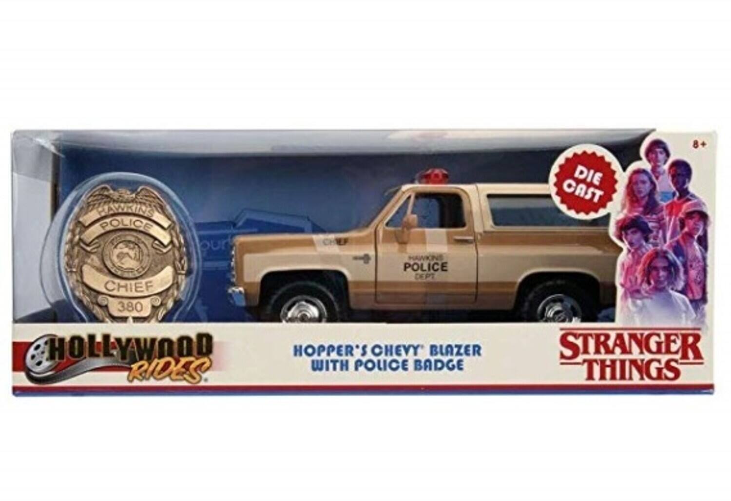 Hollywood Rides  
Chief Hawkins Police Dept  
Hopper's Chevy Blazer with Police Badge  
Stranger Things  
Die Cast  
8+