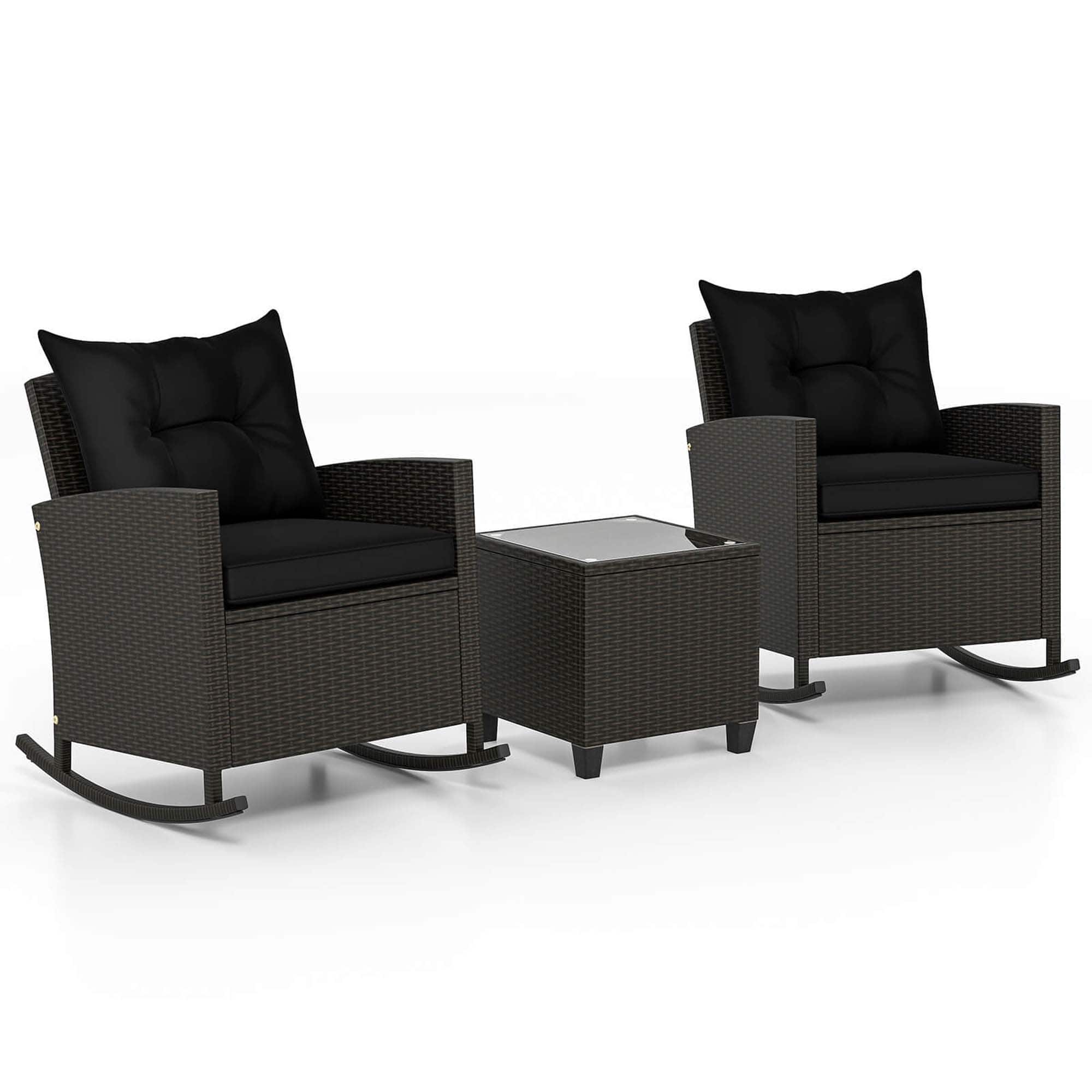 Front. Costway - 3 PCS Patio Wicker Rocking Set with Tempered Glass Table & Soft Cushions Outdoor - Black.