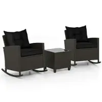 Costway 3 PCS Patio Wicker Rocking Set with Tempered Glass Table & Soft Cushions Outdoor - Black - Front_Zoom