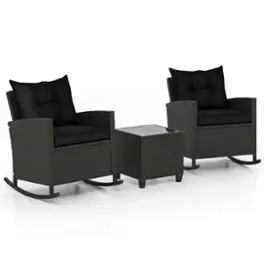 Costway - 3 PCS Patio Wicker Rocking Set with Tempered Glass Table & Soft Cushions Outdoor - Black