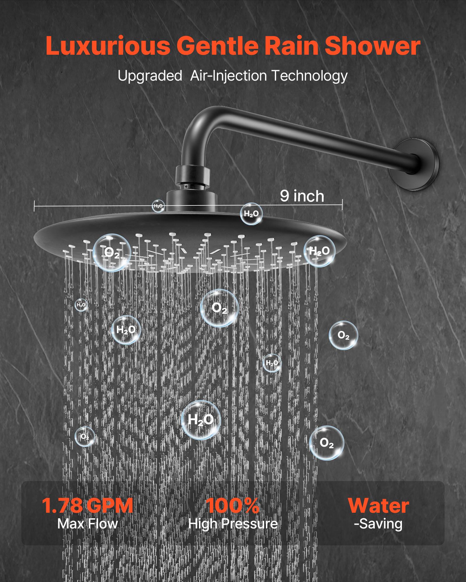 Luxurious Gentle Rain Shower  
Upgraded Air-Injection Technology  
9 inch  
1.78 GPM Max Flow  
100% High Pressure  
Water-Saving