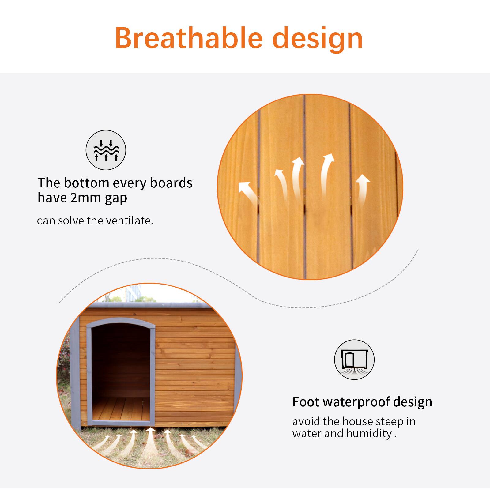 Breathable design

The bottom every boards have 2mm gap can solve the ventilate.

Foot waterproof design avoid the house steep in water and humidity.