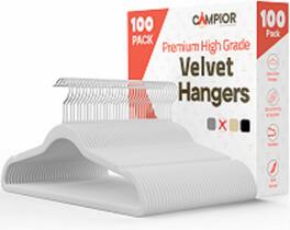 Campior - Velvet Hangers – 100-Pack, 360° Swivel Hook, Non-Slip, Space-Saving, Holds 11 lbs, Smooth Finish - White