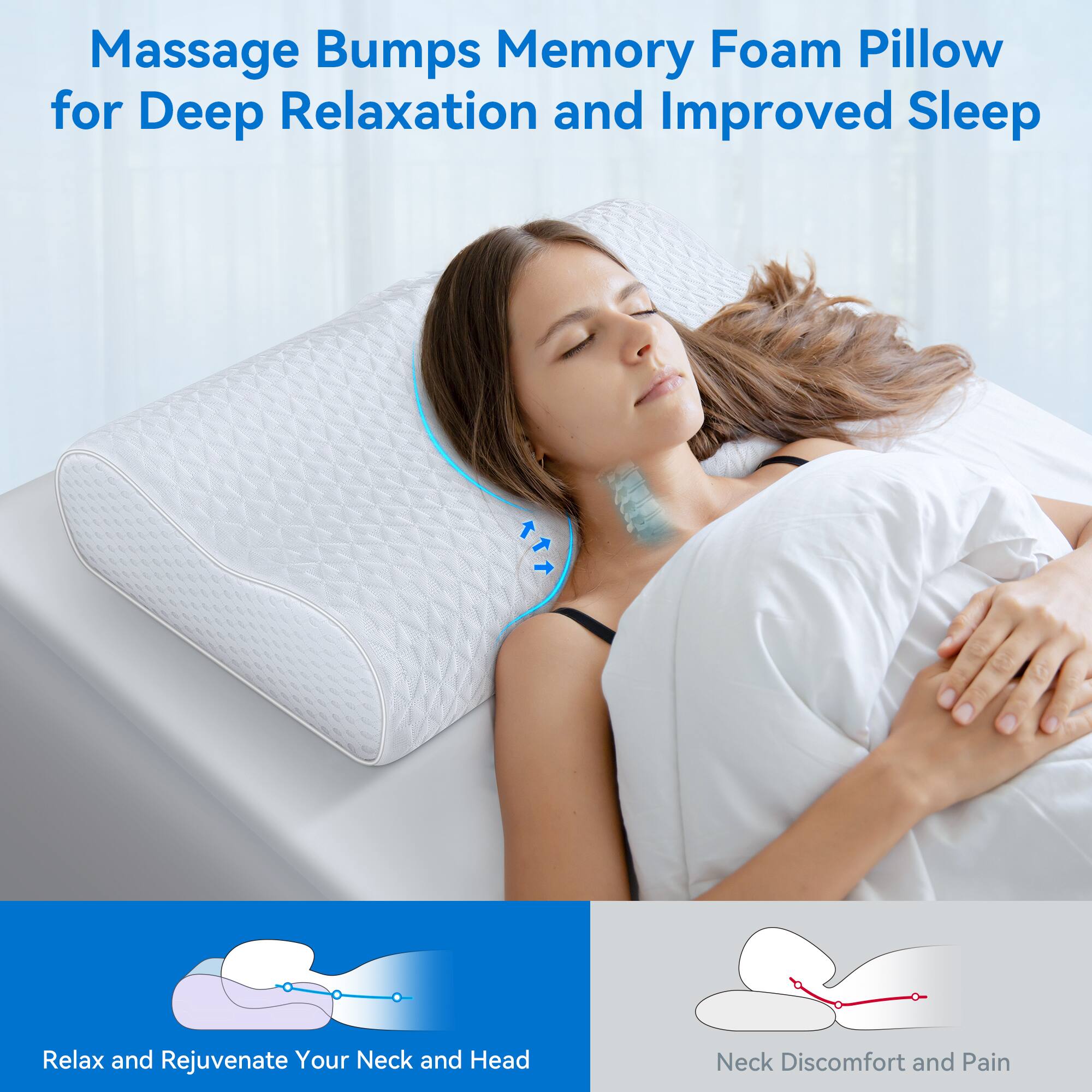 Massage Bumps Memory Foam Pillow for Deep Relaxation and Improved Sleep. Relax and Rejuvenate Your Neck and Head. Neck Discomfort and Pain.