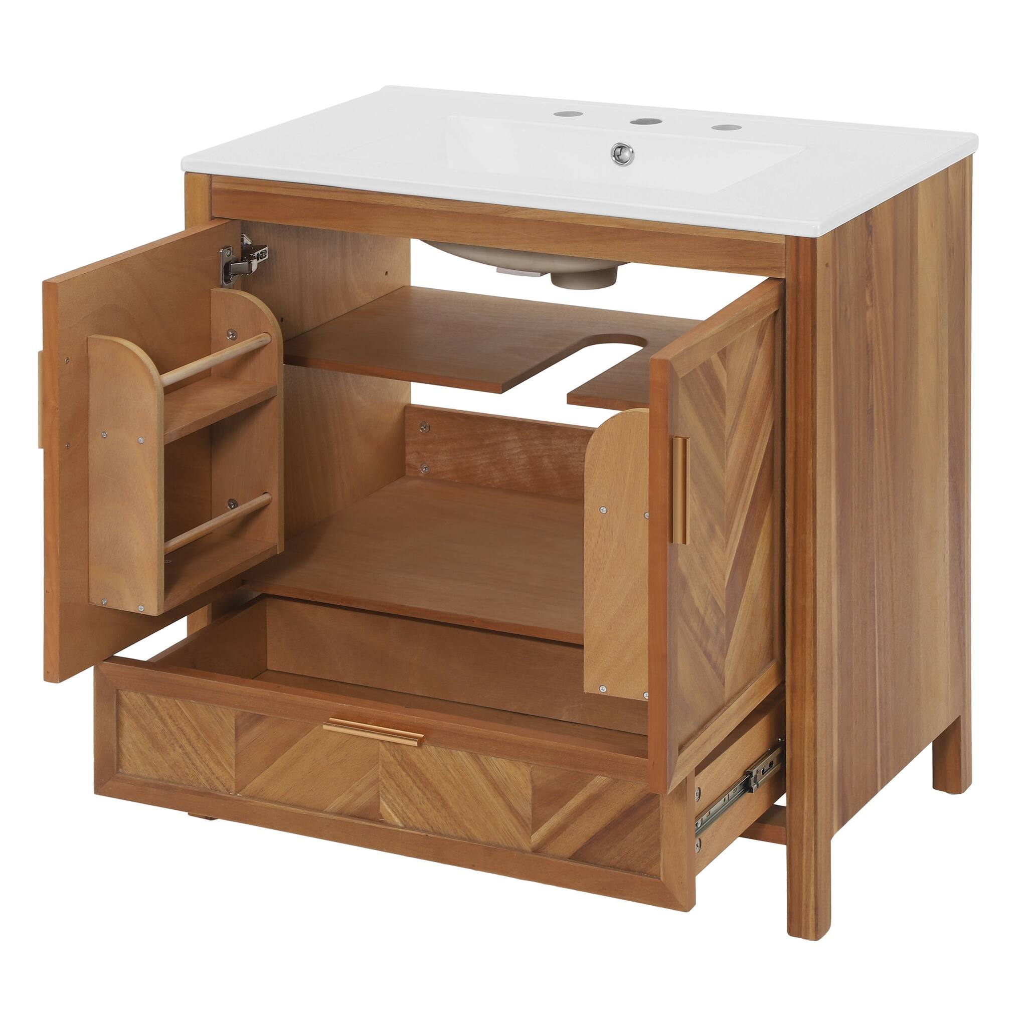 Back. JUJABU - 30 Inch Freestanding Farmhouse Bathroom Vanity with Integrated White Ceramic Sink Top and Full Extension Drawer - Natural.
