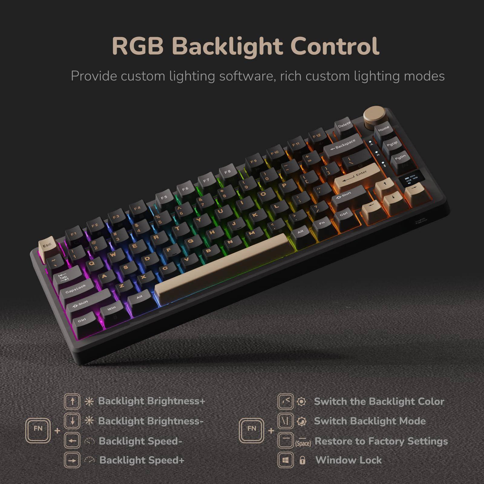 RGB Backlight Control  
Provide custom lighting software, rich custom lighting modes  

- Backlight Brightness+  
- Backlight Brightness-  
- Backlight Speed-  
- Backlight Speed+  
- Switch the Backlight Color  
- Switch Backlight Mode  
- Restore to Factory Settings  
- Window Lock