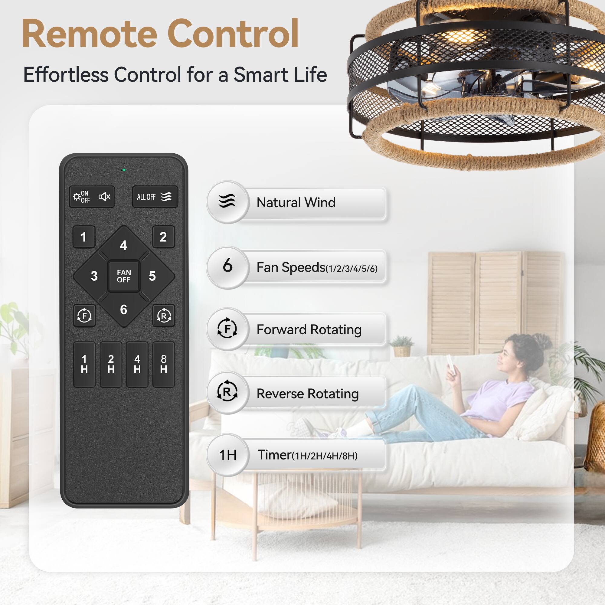 Remote Control Effortless Control for a Smart Life
ON OFF ALLOFF
Natural Wind
1 3 4 FAN OFF
2 5 6 Fan Speeds(1/2/3/4/5/6)
F 6 R F Forward Rotating
1 H 2 H 4 H 8 H R Reverse Rotating
1H Timer(1H/2H/4H/8H)