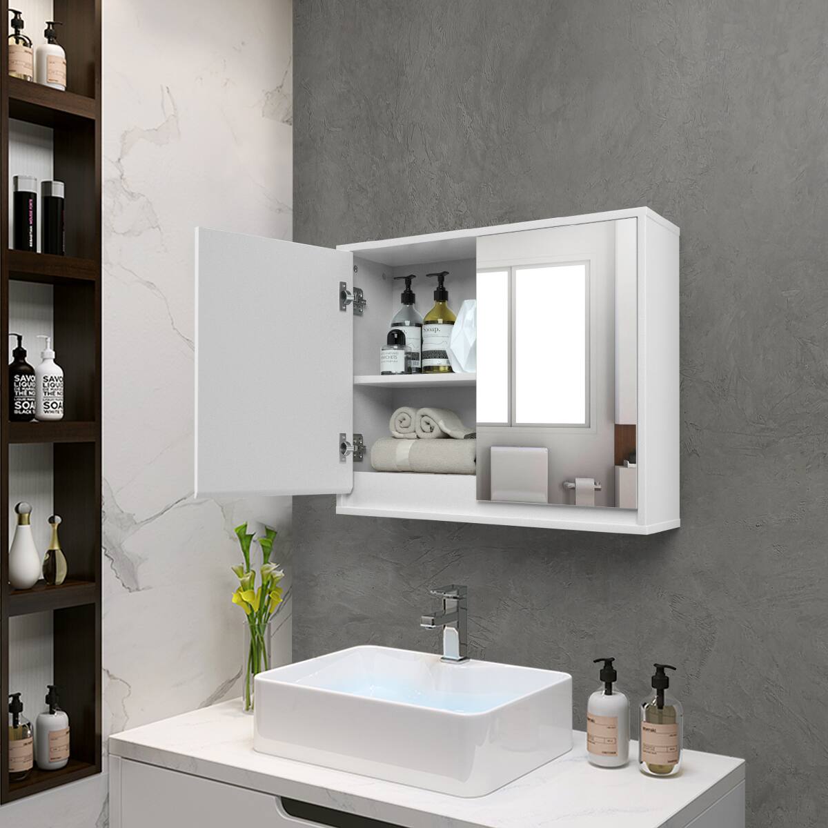 Alt View 3. Costway - Costway Wall Mounted Bathroom Storage Cabinet Medicine Cabinet Organizer Shelf W/Double Mirror Door - White.