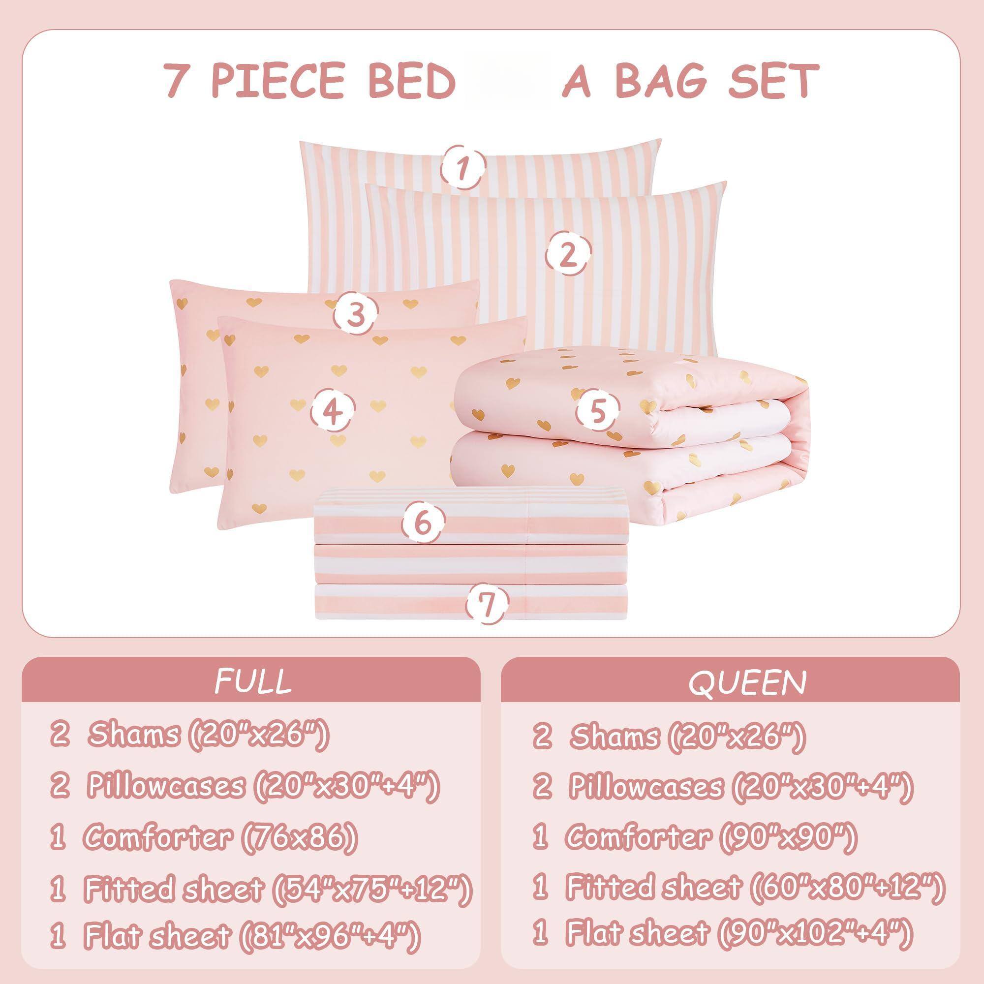 7 PIECE BED A BAG SET

FULL
- 2 Shams (20"x26")
- 2 Pillowcases (20"x30"+4")
- 1 Comforter (76"x86")
- 1 Fitted sheet (54"x75"+12")
- 1 Flat sheet (81"x96"+4")

QUEEN
- 2 Shams (20"x26")
- 2 Pillowcases (20"x30"+4")
- 1 Comforter (90"x90")
- 1 Fitted sheet (60"x80"+12")
- 1 Flat sheet (90"x102"+4")