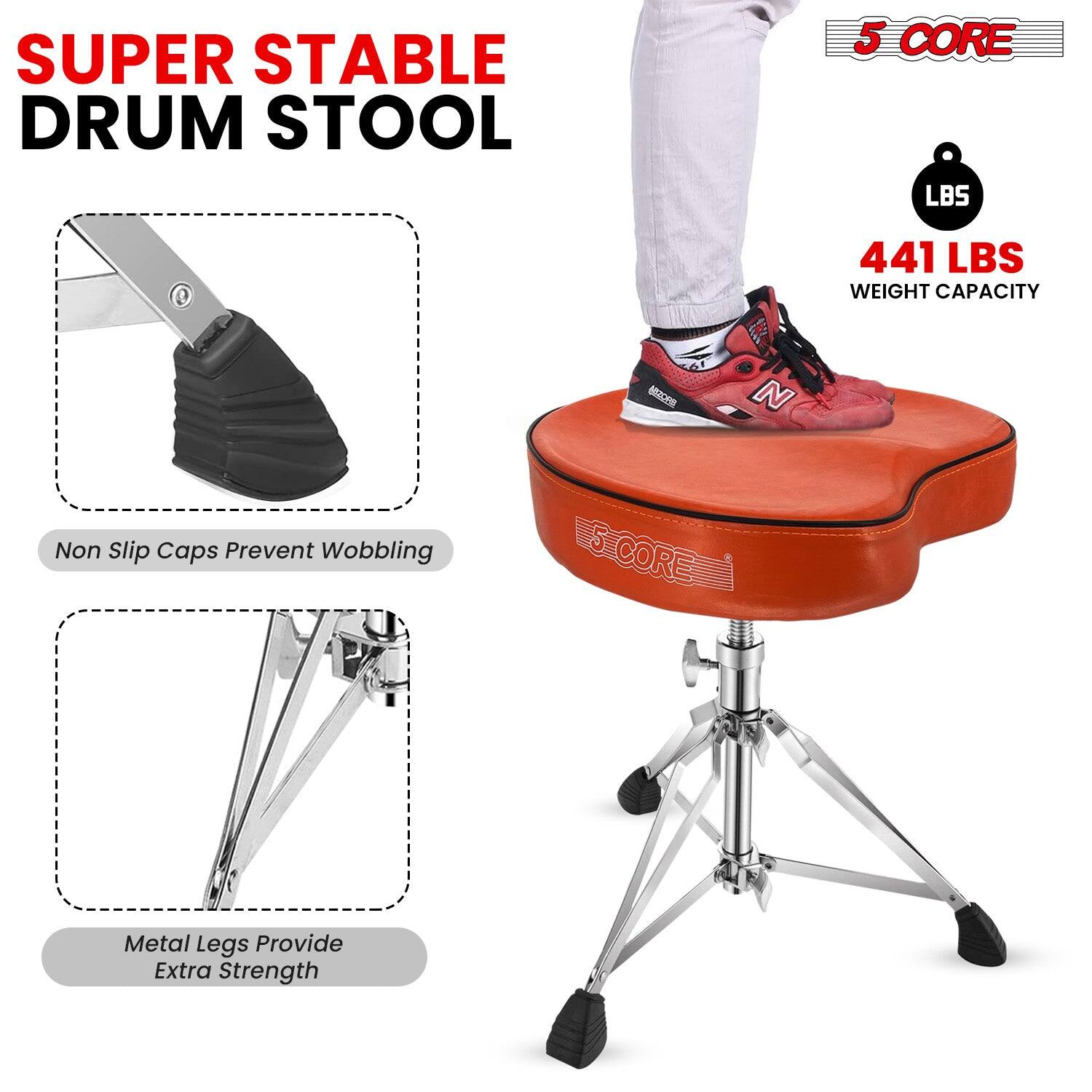 SUPER STABLE DRUM STOOL

5 CORE

441 LBS WEIGHT CAPACITY

Non Slip Caps Prevent Wobbling

Metal Legs Provide Extra Strength