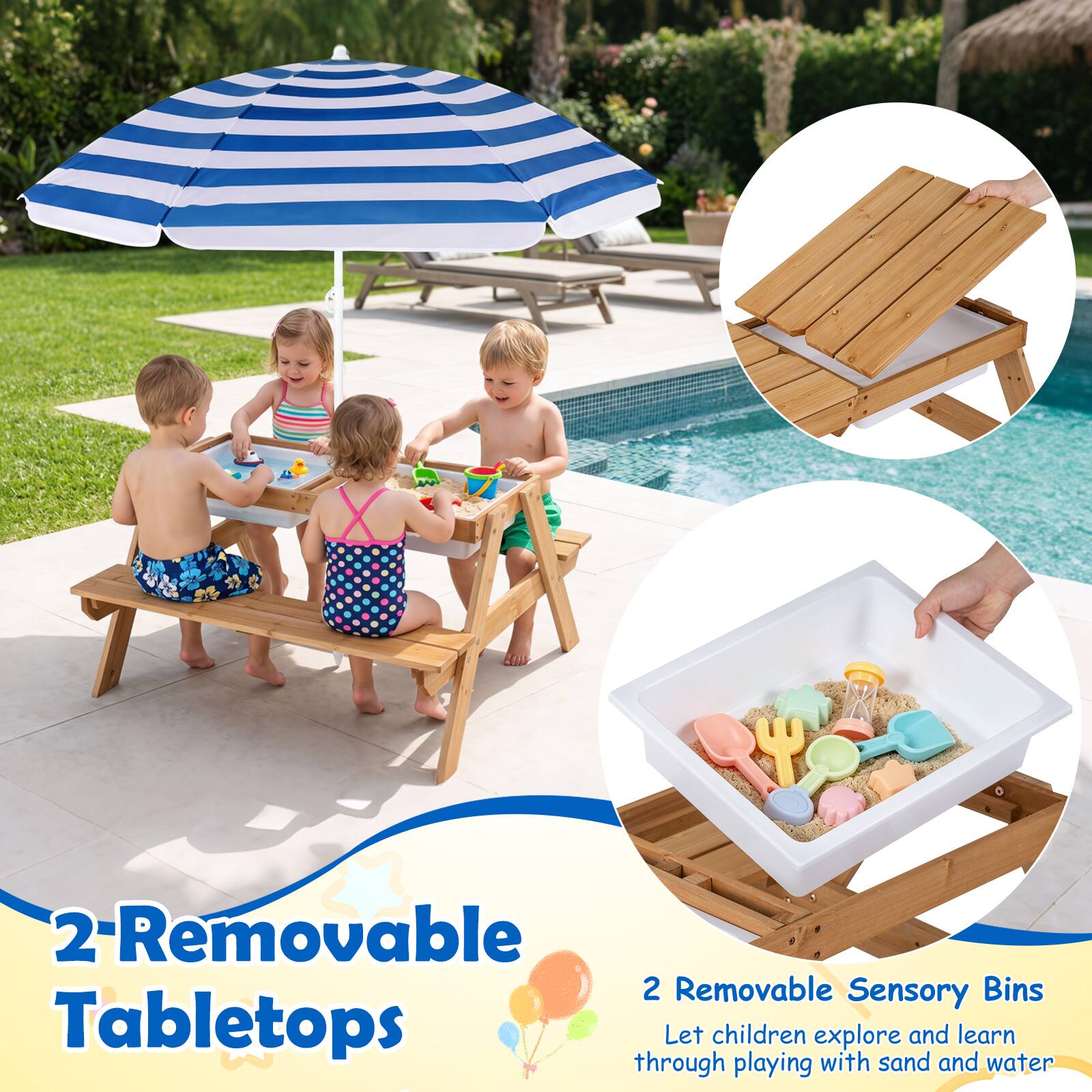 2-Removable Tabletops

2 Removable Sensory Bins
Let children explore and learn through playing with sand and water