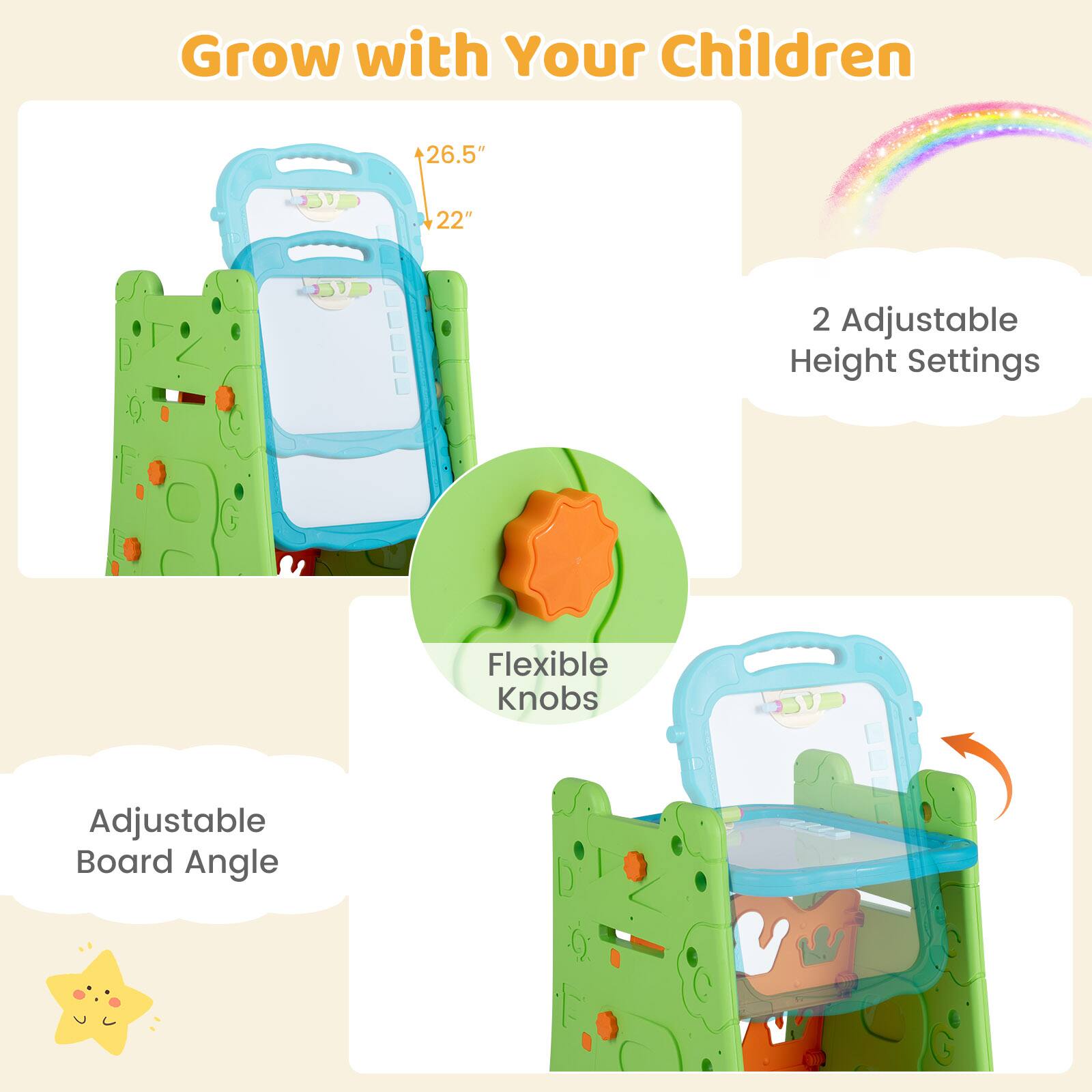 Grow with Your Children

26.5" 22" 2 Adjustable Height Settings

Flexible Knobs

Adjustable Board Angle