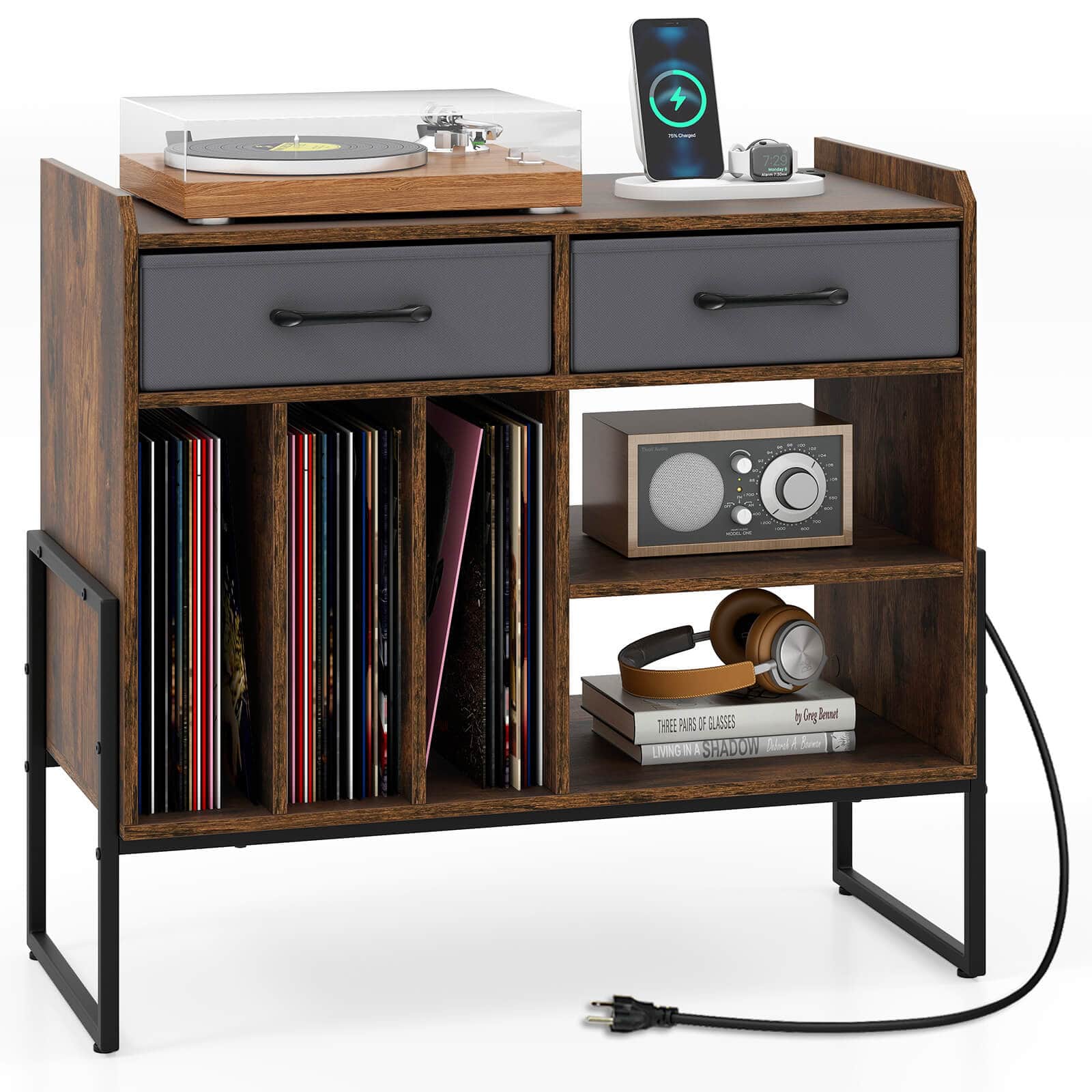 Costway - Large Record Player Stand with Charging Station, 2 Fabric Drawers, Adjustable Shelf - Rustic Brown & Gray