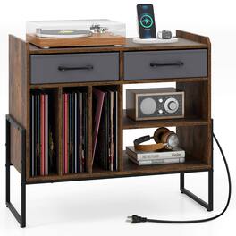 Costway - Large Record Player Stand with Charging Station, 2 Fabric Drawers, Adjustable Shelf - Rustic Brown & Gray