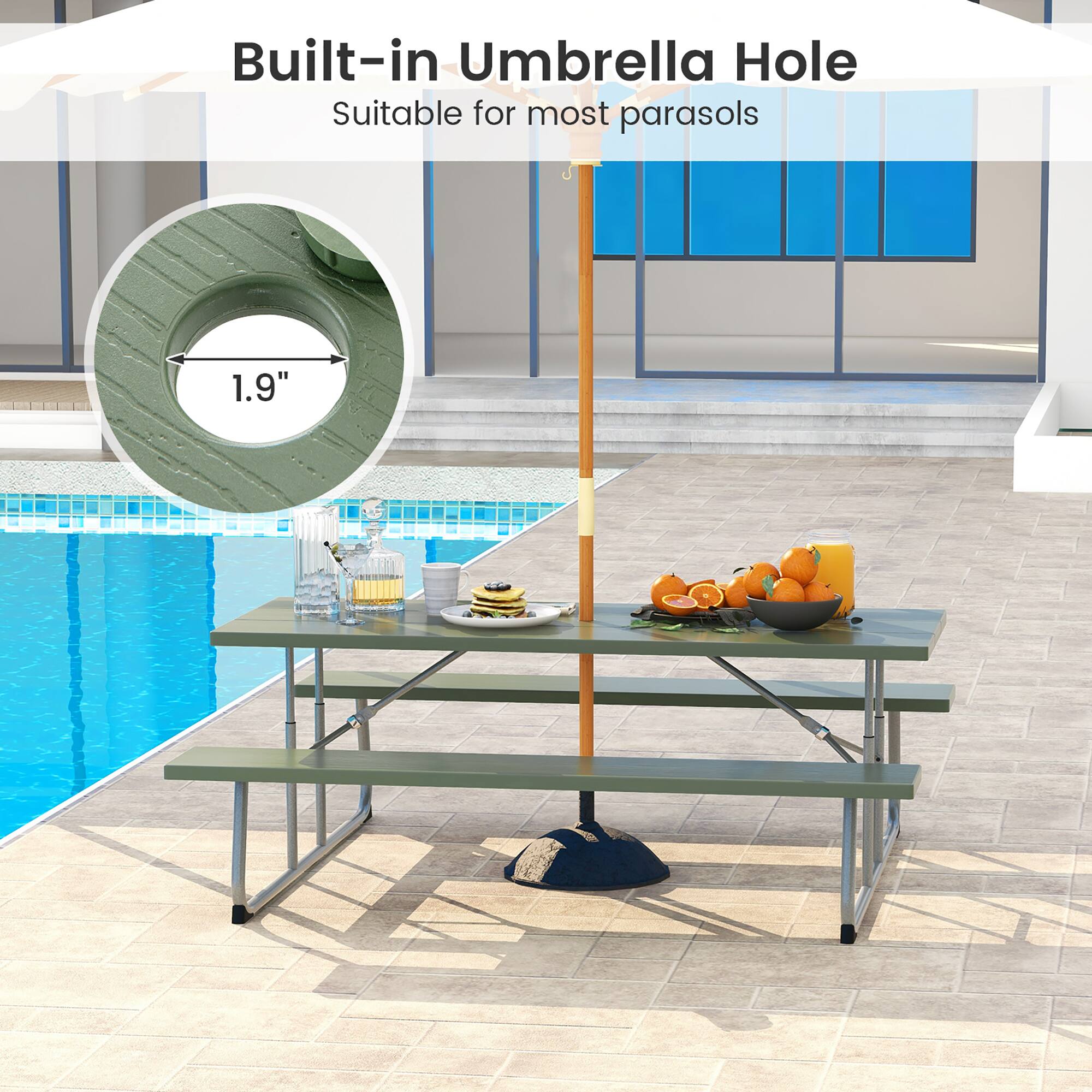 Built-in Umbrella Hole  
Suitable for most parasols  
1.9"