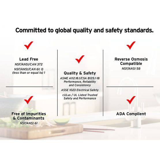 Committed to global quality and safety standards.

- Lead Free
  - NSF/ANSI/CAN 372
  - NSF/ANSI/CAN 61: Q (less than or equal to 1)

- Quality & Safety
  - ASME A112.18.1/CSA B125.1-18
  - Performance, Reliability and Consistency
  - ASSE 1023 Electrical Safety
  - CULus / UL Listed Trusted Safety and Performance

- Reverse Osmosis Compatible
  - NSF/ANSI 58

- Free of Impurities & Contaminants
  - NSF/ANSI 61

- ADA Compliant