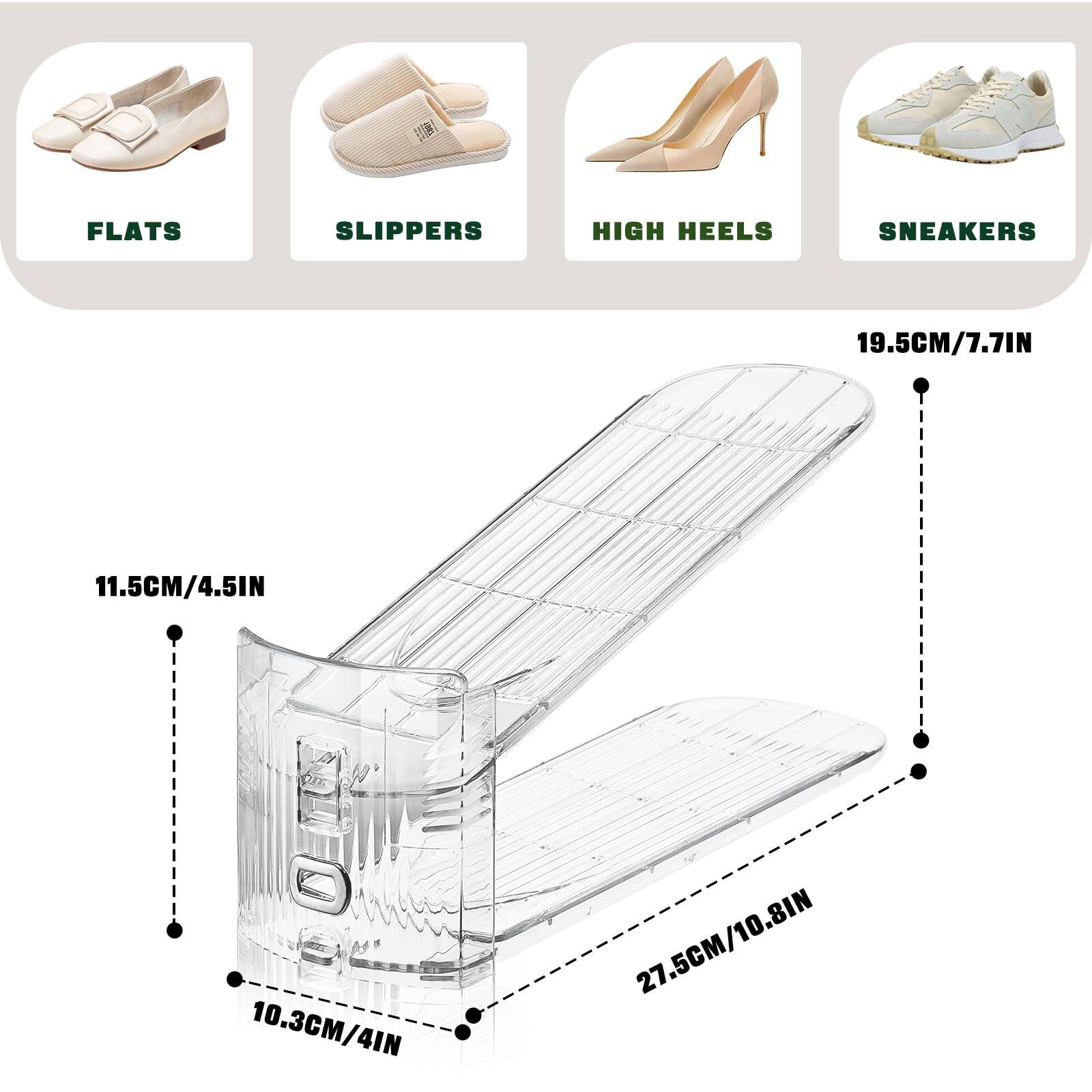 FLATS  
SLIPPERS  
HIGH HEELS  
SNEAKERS  

19.5CM/7.7IN  
11.5CM/4.5IN  
10.3CM/4IN  
27.5CM/10.8IN