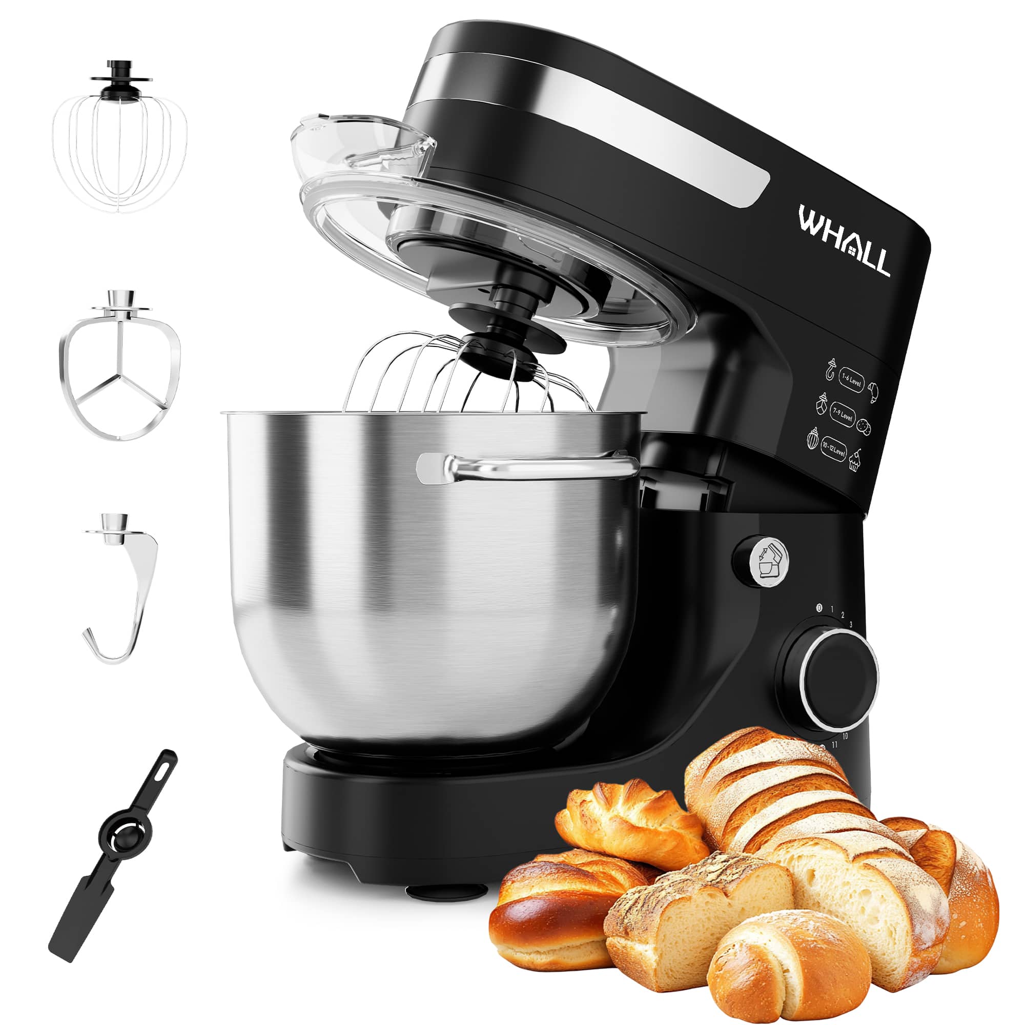 WHALL - Stand Mixer,12-Speed Tilt-Head Electric Kitchen Mixer with Dough Hook/Wire Whip/Beater - Black