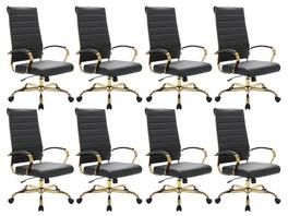 LeisureMod - Set of 8 Benmar Modern Contemporary High-Back Leather Executive Office Chair with Ribbed Design and Padded Armrests - Black