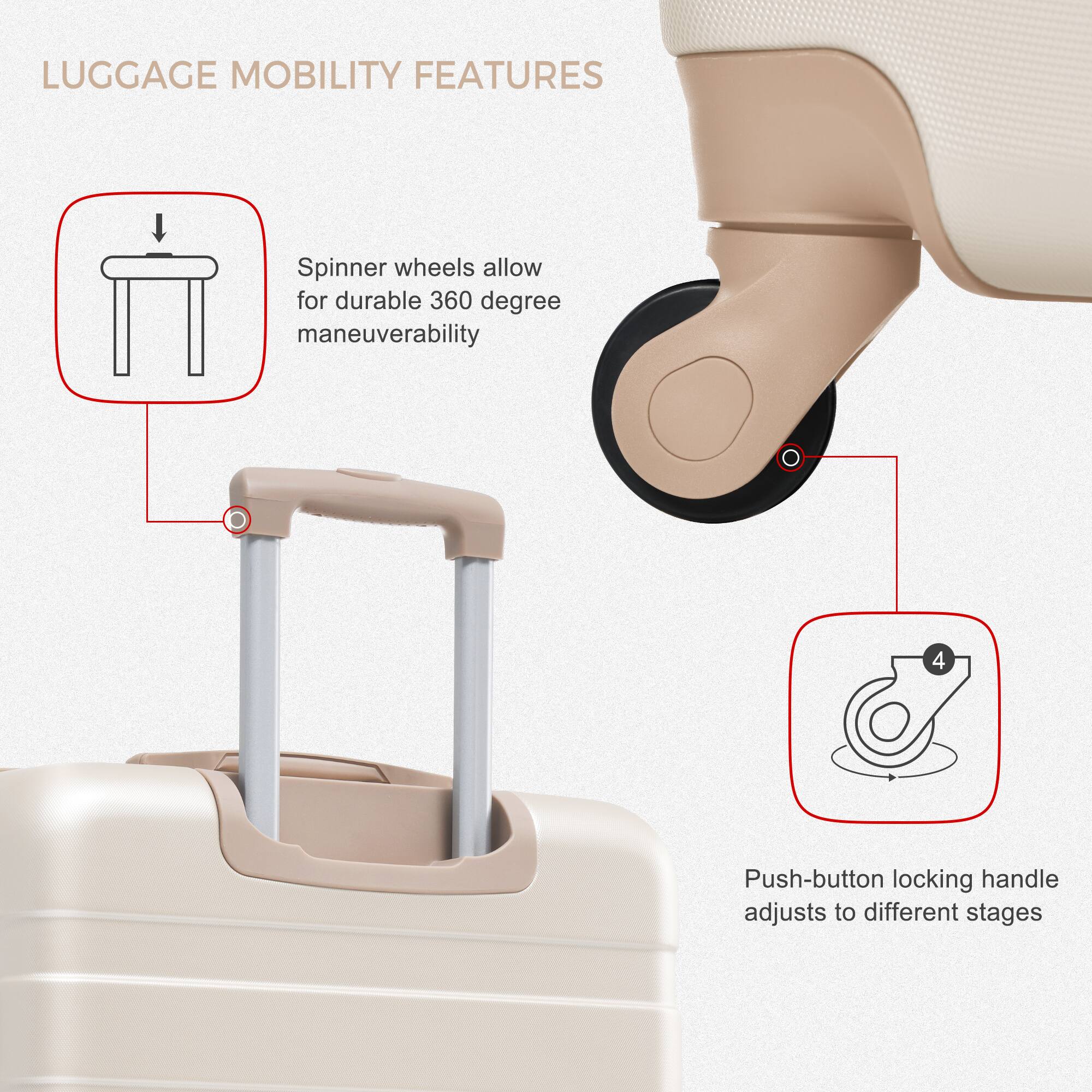 LUGGAGE MOBILITY FEATURES

Spinner wheels allow for durable 360 degree maneuverability

Push-button locking handle adjusts to different stages
