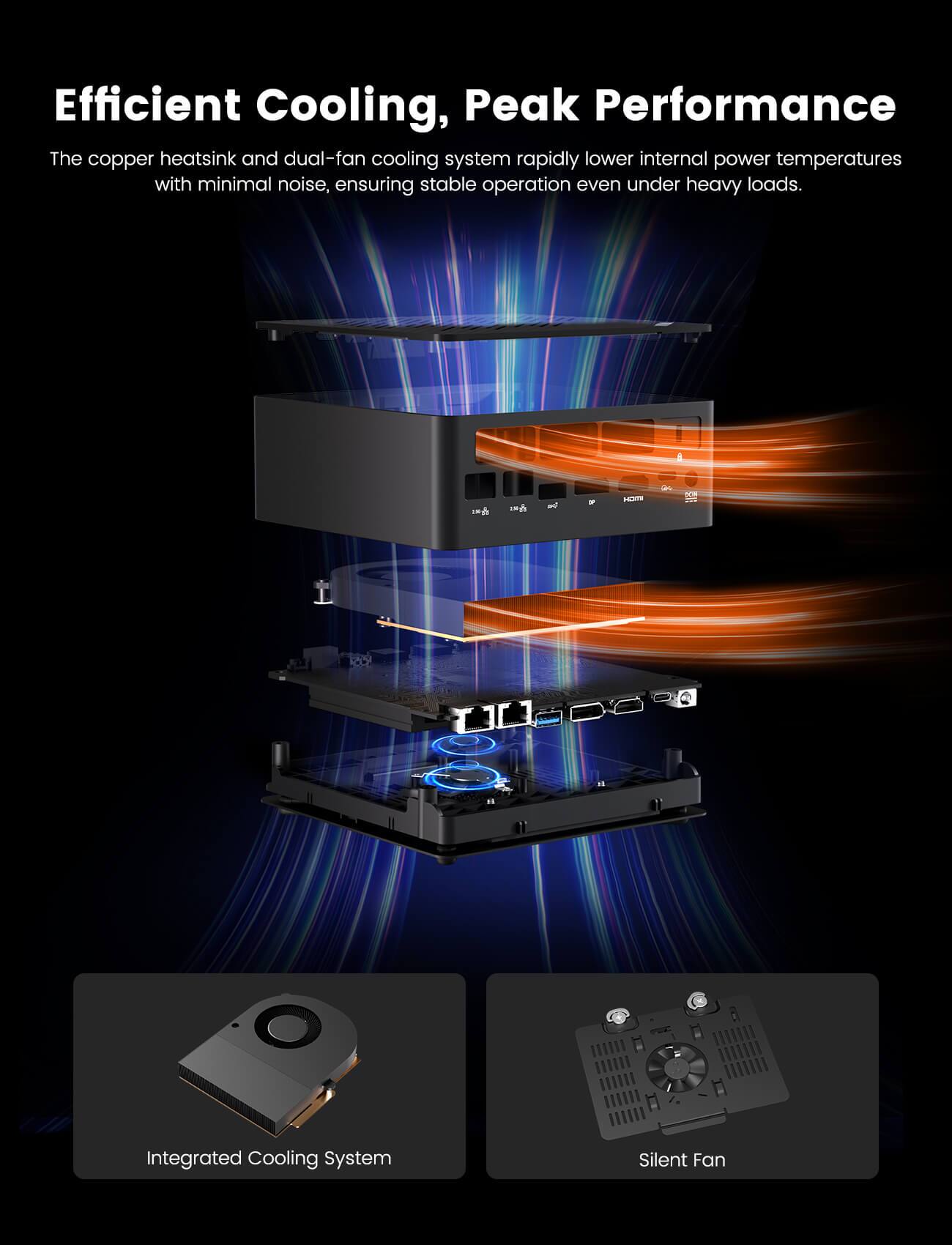 Efficient Cooling, Peak Performance

The copper heatsink and dual-fan cooling system rapidly lower internal power temperatures with minimal noise, ensuring stable operation even under heavy loads.

a. Integrated Cooling System
b. Silent Fan