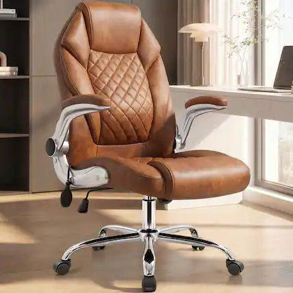 Front. Neo Chair - Executive Office Chair, Ergonomic High Back PU Leather Desk Chair with Air Adjustable Lumbar Support - Brown.