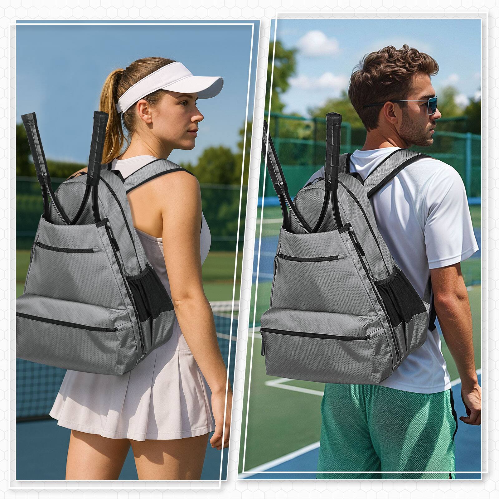 Alt View 5. Unique Bargains - Tennis Backpack for 2 Rackets Waterproof Tennis Bag with Shoe Compartment Wet/Dry Pocket Fence Hook for Tennis - Gray.