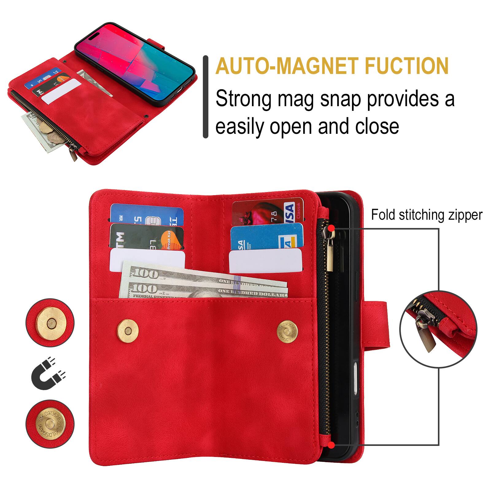 AUTO-MAGNET FUCION  
Strong mag snap provides a easily open and close  

Fold stitching zipper