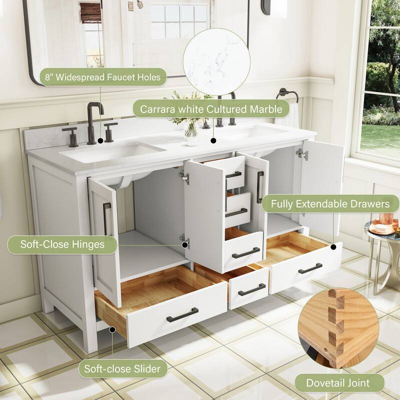8" Widespread Faucet Holes  
Carrara white Cultured Marble  
Fully Extendable Drawers  
Soft-Close Hinges  
Soft-close Slider  
Dovetail Joint