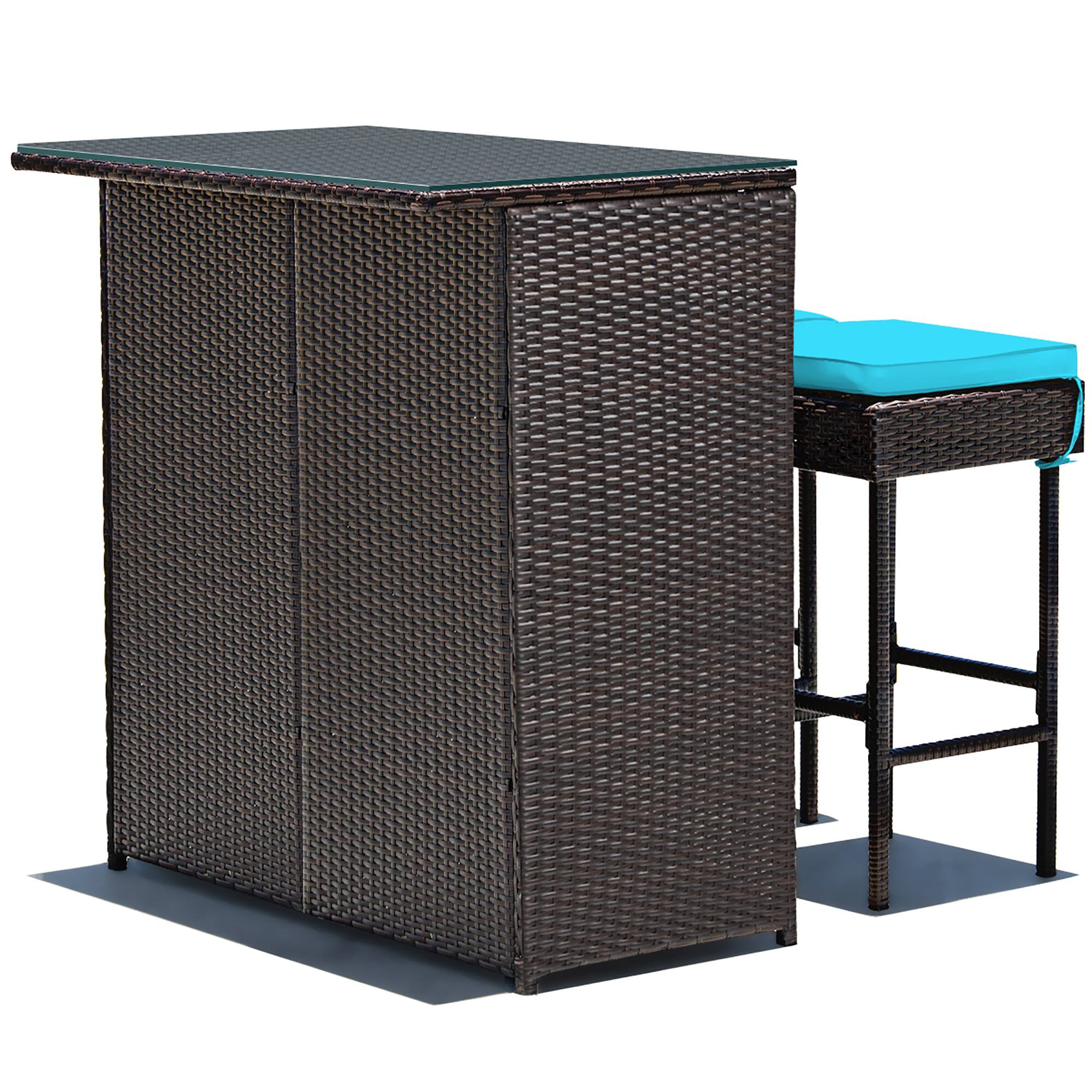 Back. Costway - 3PCS Patio Rattan Wicker Bar Table Stools Dining Set Cushioned Chairs - Mixed Brown/turquoise.