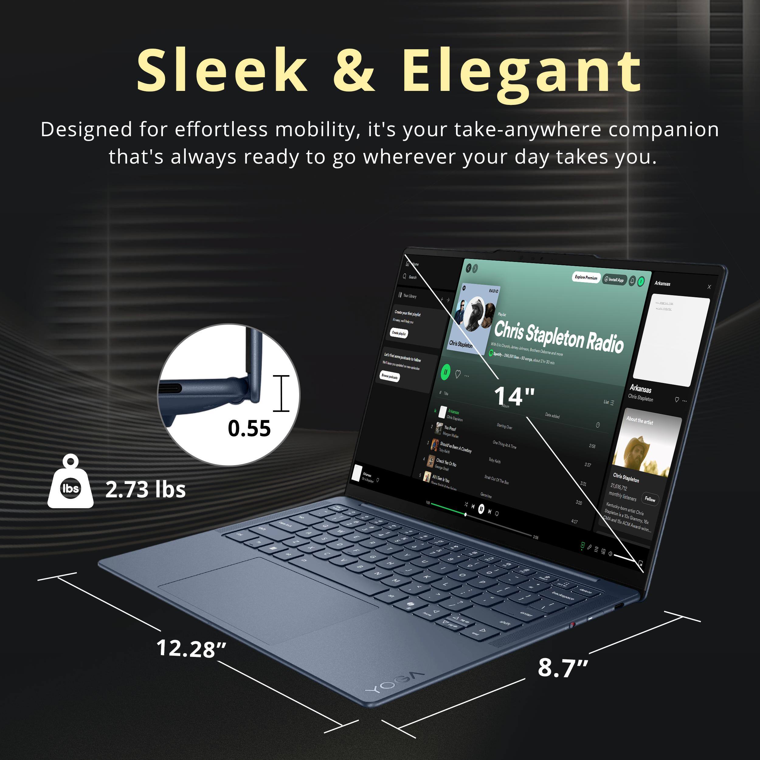 Sleek & Elegant  
Designed for effortless mobility, it's your take-anywhere companion that's always ready to go wherever your day takes you.

0.55 lbs  
2.73 lbs  
12.28"  
8.7"  

Chris Stapleton Radio  
Arkansas 14"