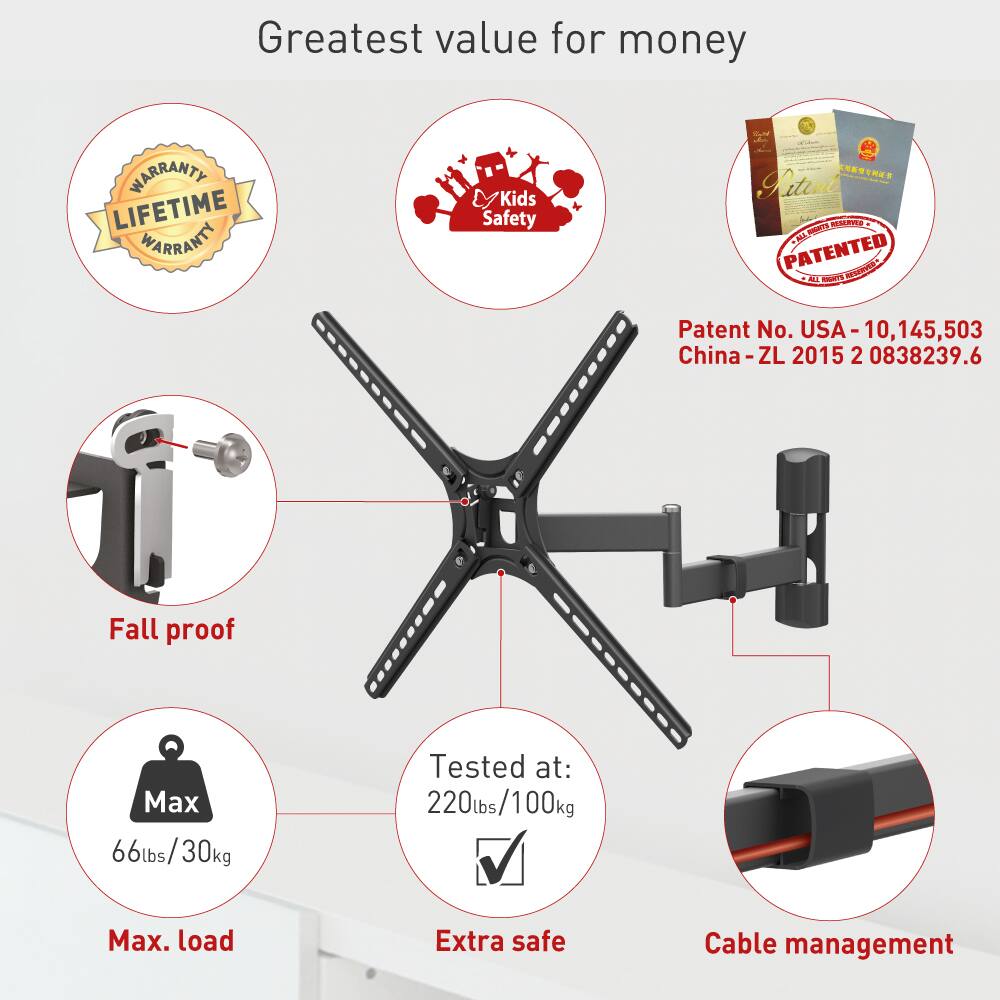 Greatest value for money

- WARRANTY LIFETIME WARRANTY
- Kids Safety
- Fall proof
- Max. load: 66lbs/30kg
- Tested at: 220lbs/100kg
- Extra safe
- Cable management

Patent No. USA-10,145,503
China-ZL 2015 2 0838239.6